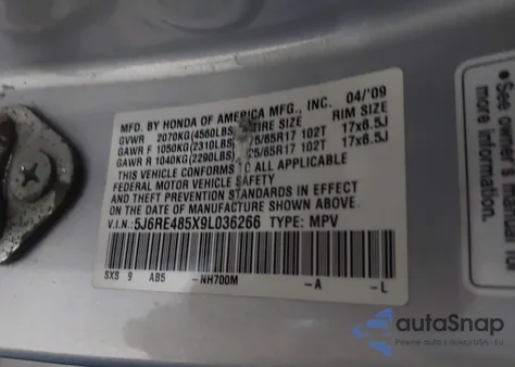 2009 Honda Cr-V Ex from USA, damaged, VIN 5J6RE485X9L036266